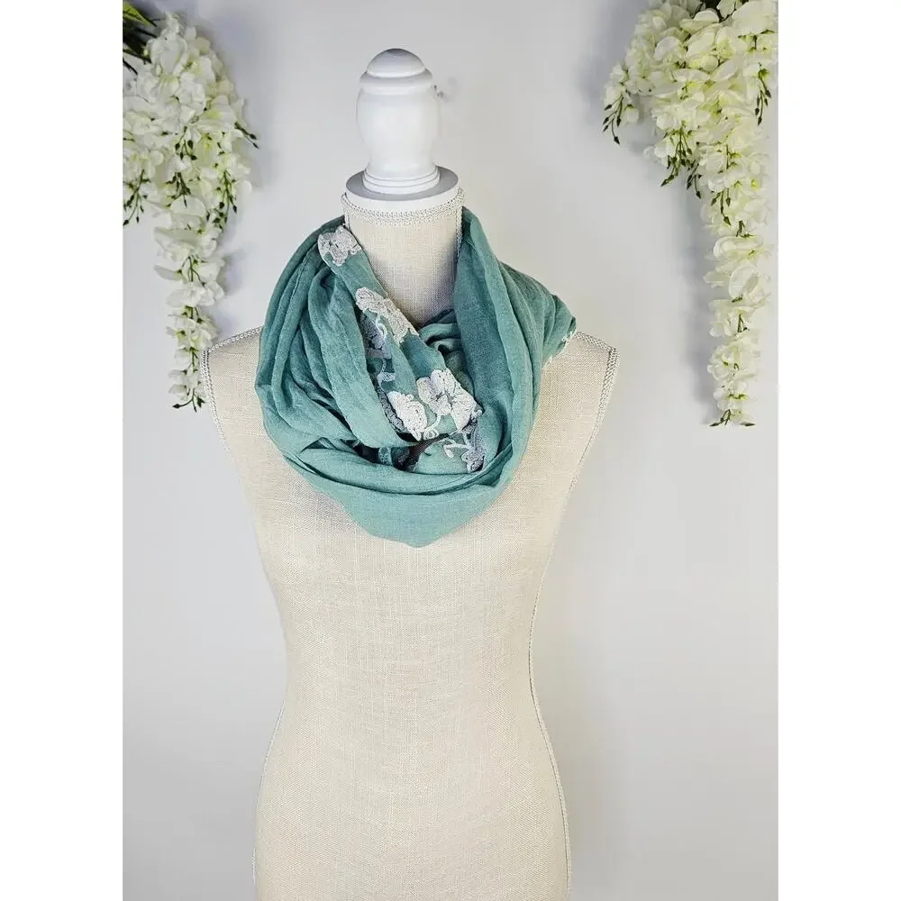 Do Everything With Love Mint Green Floral Embroidered Infinity Scarf Boho Lace